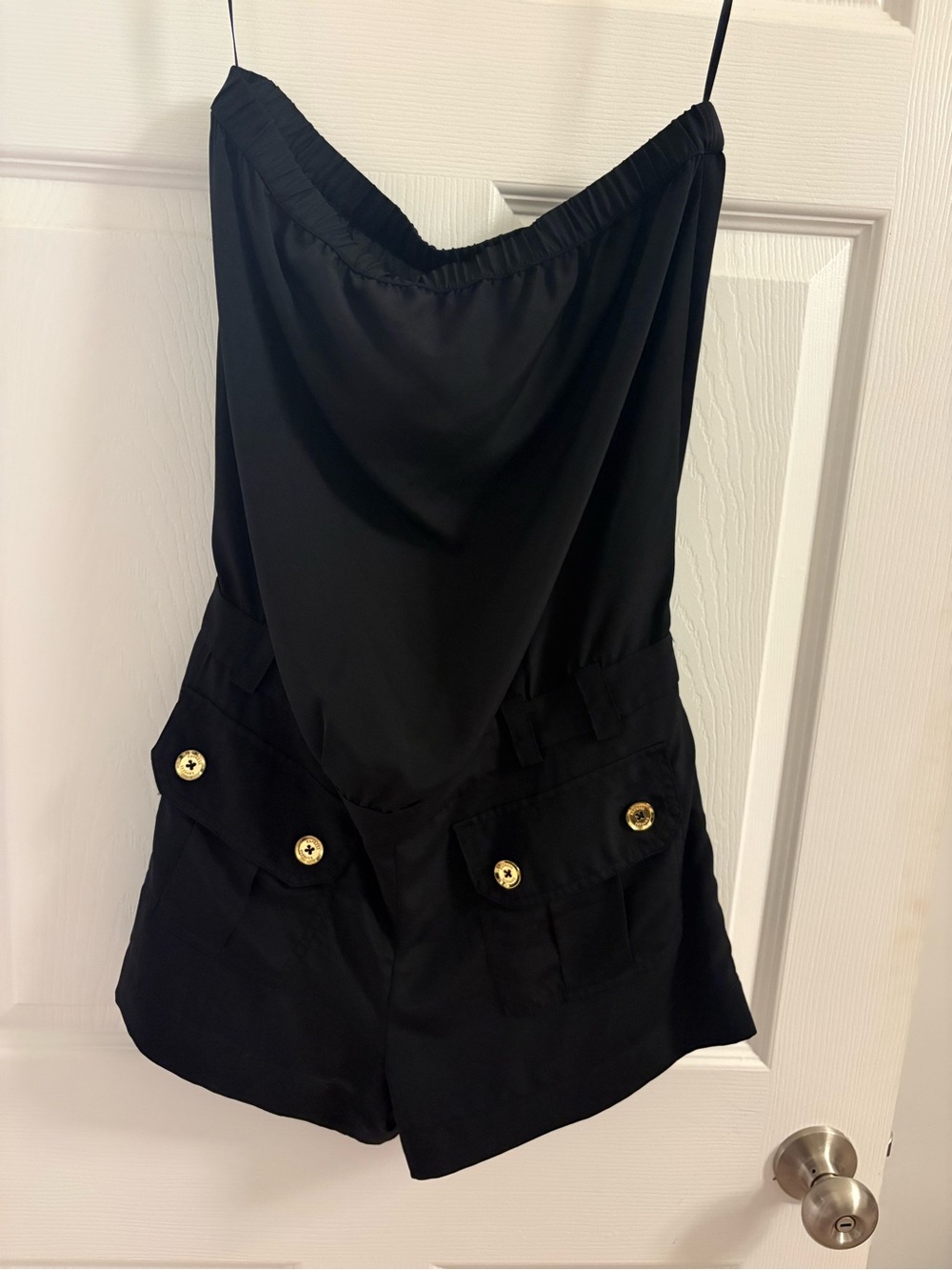 Express Black Strapless Utility Romper with Gold Buttons